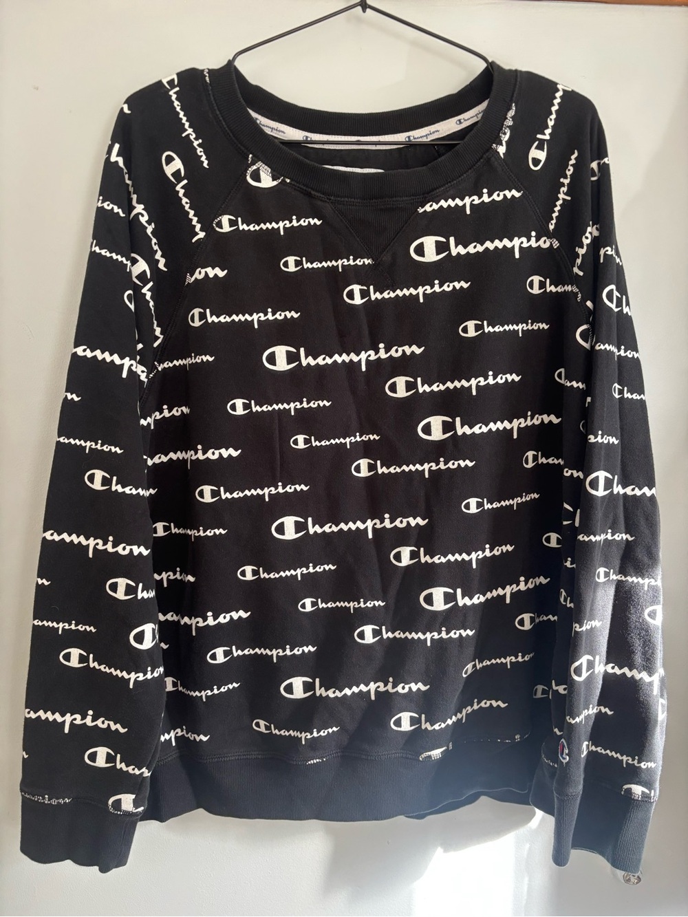 Champion Black Crewneck with All-Over White Logo Print